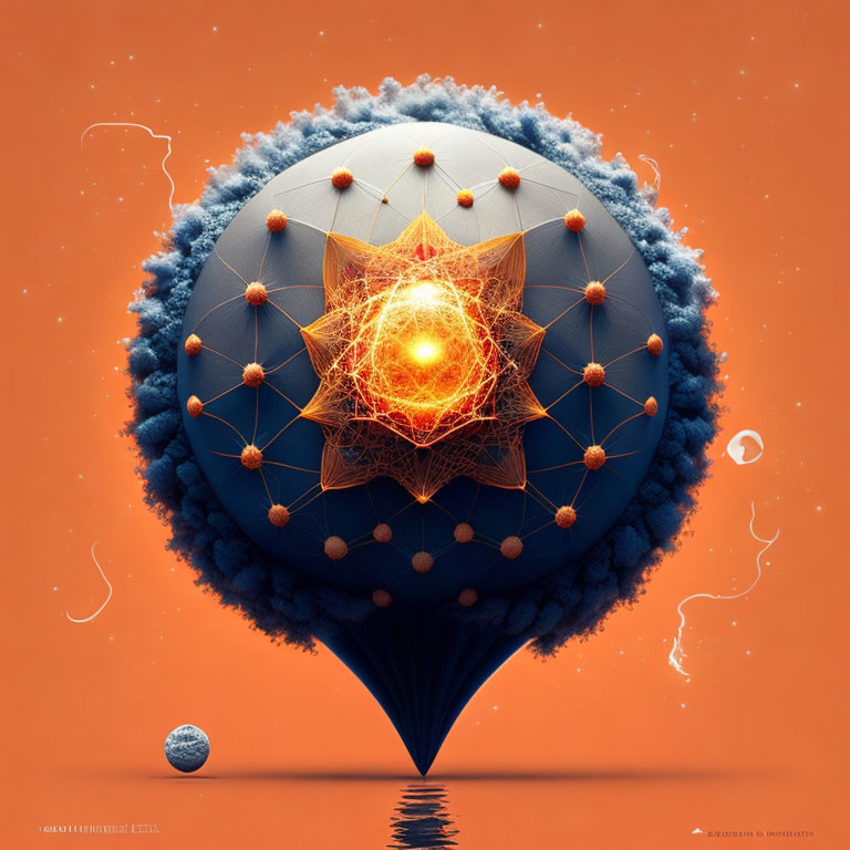 Textured blue spherical object with orange nodes and lines, glowing geometric core, on orange backdrop