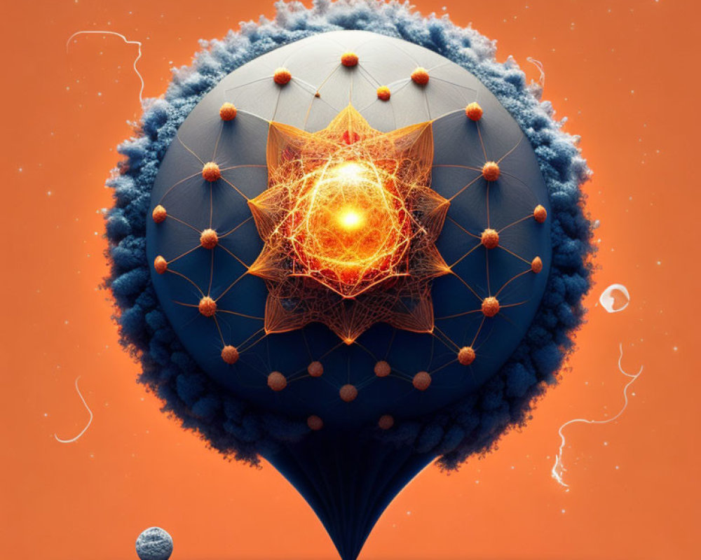 Textured blue spherical object with orange nodes and lines, glowing geometric core, on orange backdrop