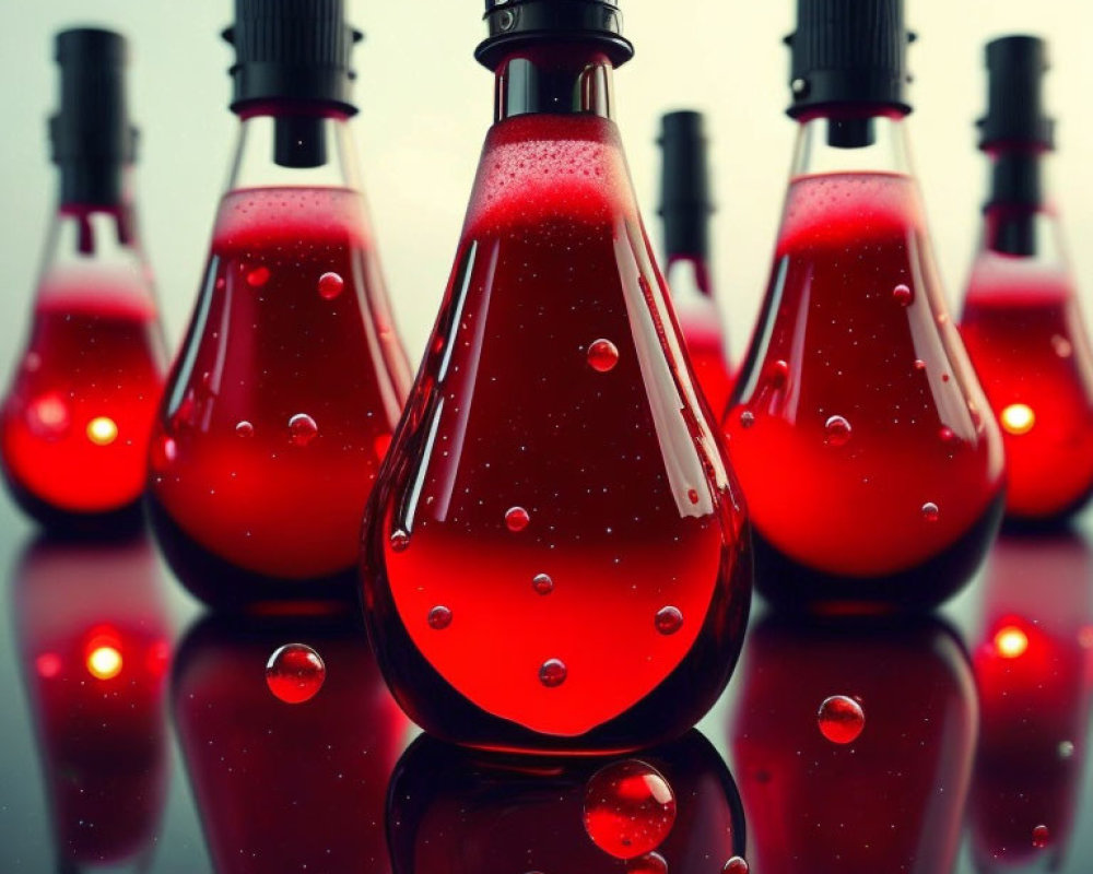 Bright red liquid in small glass flasks on reflective surface