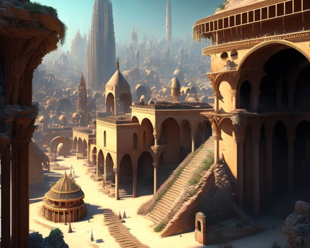 Fantastical cityscape with towering spires and domed structures