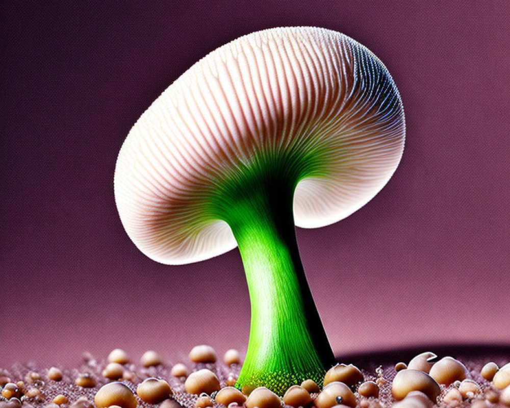 Vibrant green and white mushroom on purple background with intricate gill details