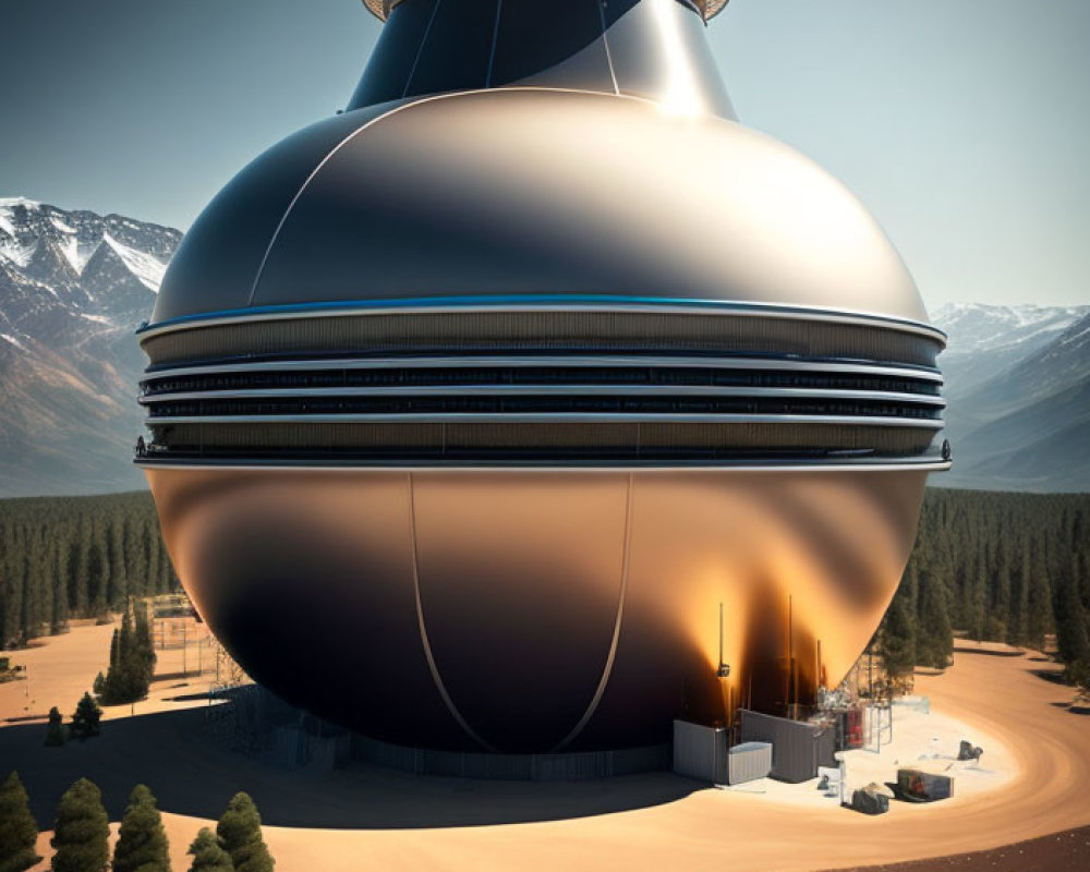 Futuristic spherical building with metallic finish among trees and mountains