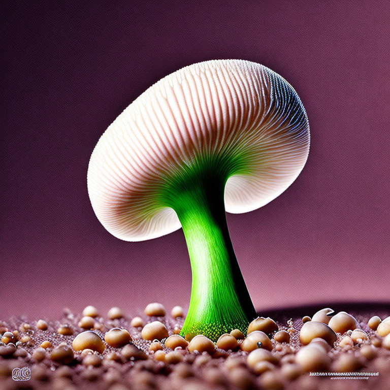 Vibrant green and white mushroom on purple background with intricate gill details