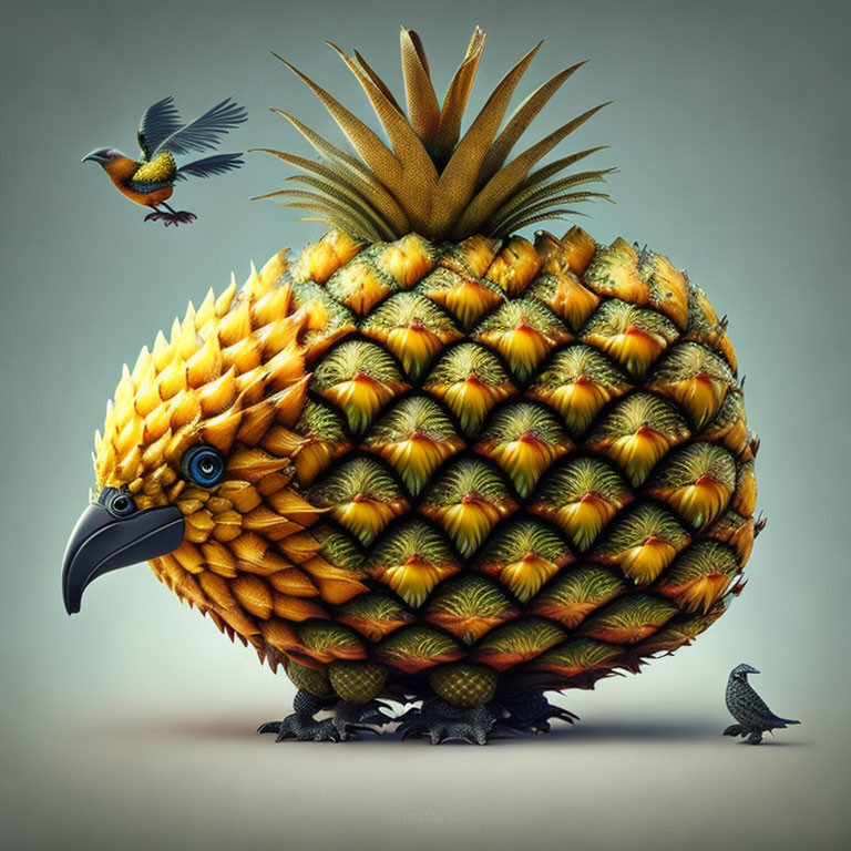 Digital artwork: Pineapple with bird features and two small birds