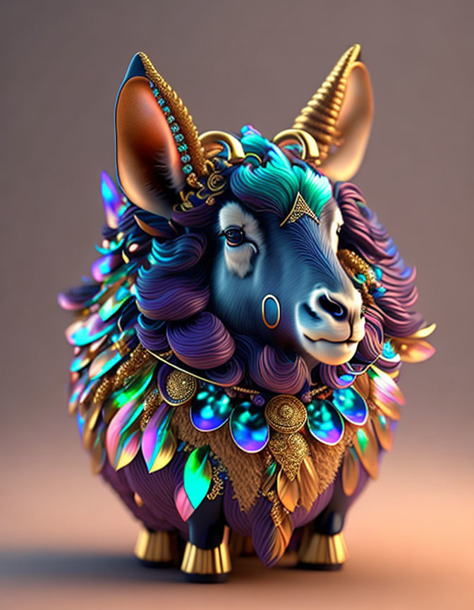 Vibrant blue ram with golden horns and ornate jewelry