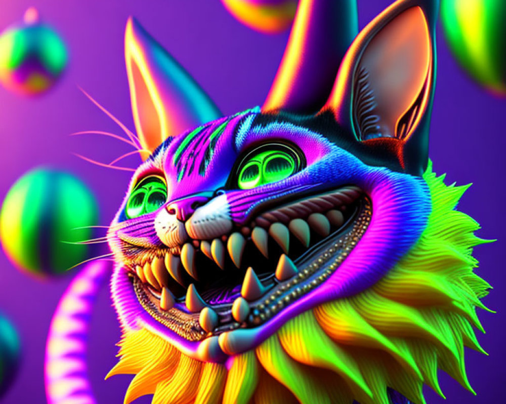 Colorful Stylized Cat Art with Exaggerated Features and Sharp Teeth