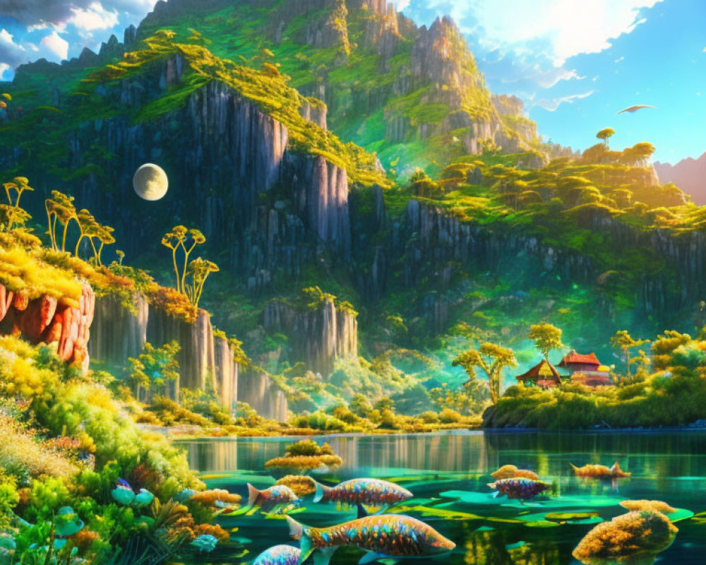 Colorful Fish and Serene Lake in Vibrant Fantasy Landscape