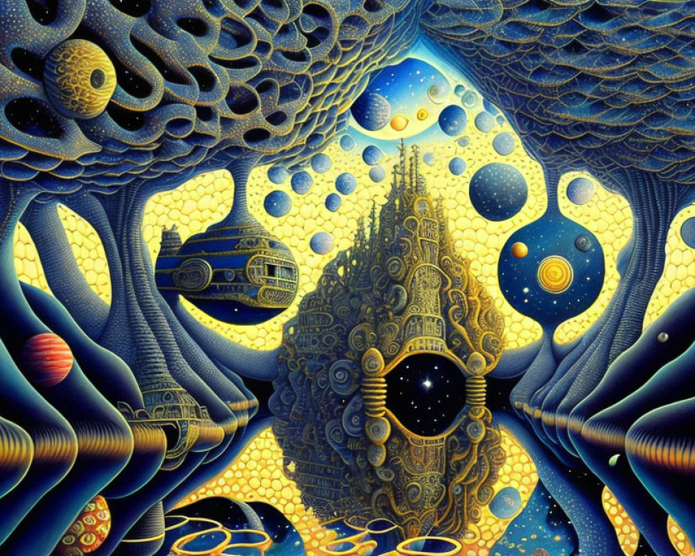 Detailed Alien City Surrounded by Celestial Bodies in Fractal Style