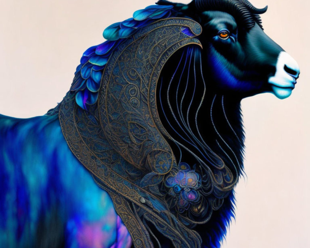 Vibrant ram depiction with blue feathers and intricate patterns