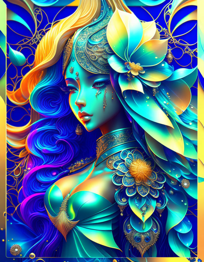 Colorful digital artwork of woman with blue & gold hair, floral headdress & armor.