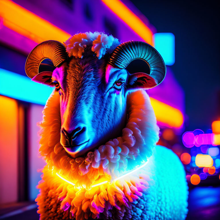 Colorful neon-lit sheep portrait against city nightscape background