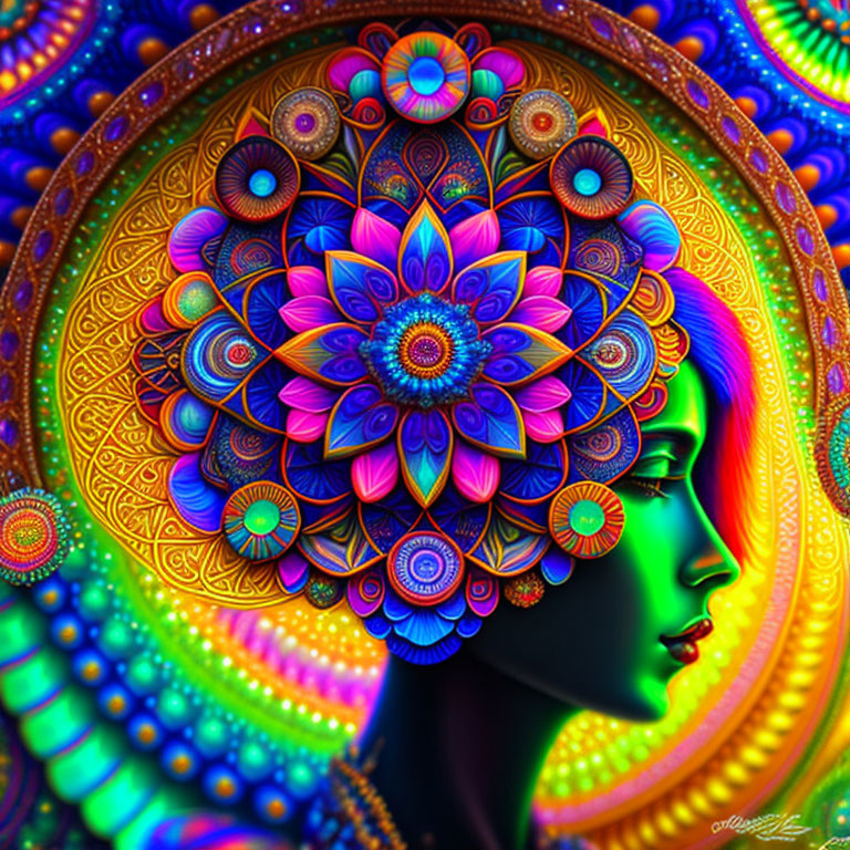 Colorful profile view digital art with psychedelic patterns and floral mandalas.