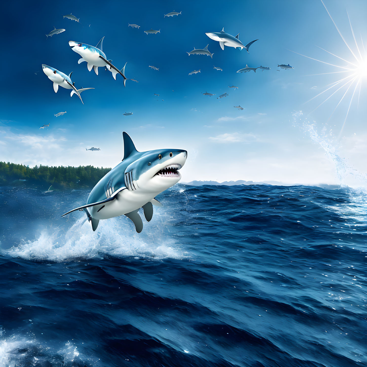 Giant Shark Jumping from Ocean Waves with Flying Fish in Sunny Sky