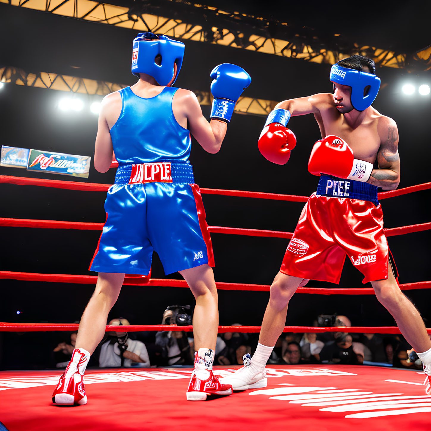 Two boxers in red and blue gear with headgear and gloves in a well-lit arena.