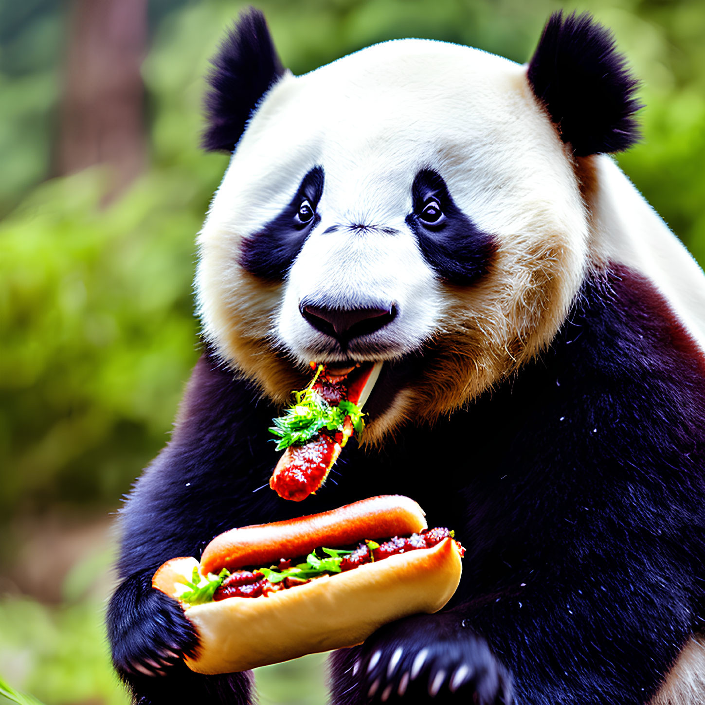 Panda bear eating a hot dog in a forest