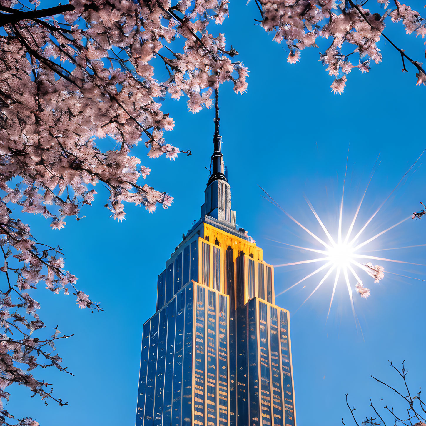 Sunburst over Empire State Building with pink cherry blossoms and blue sky