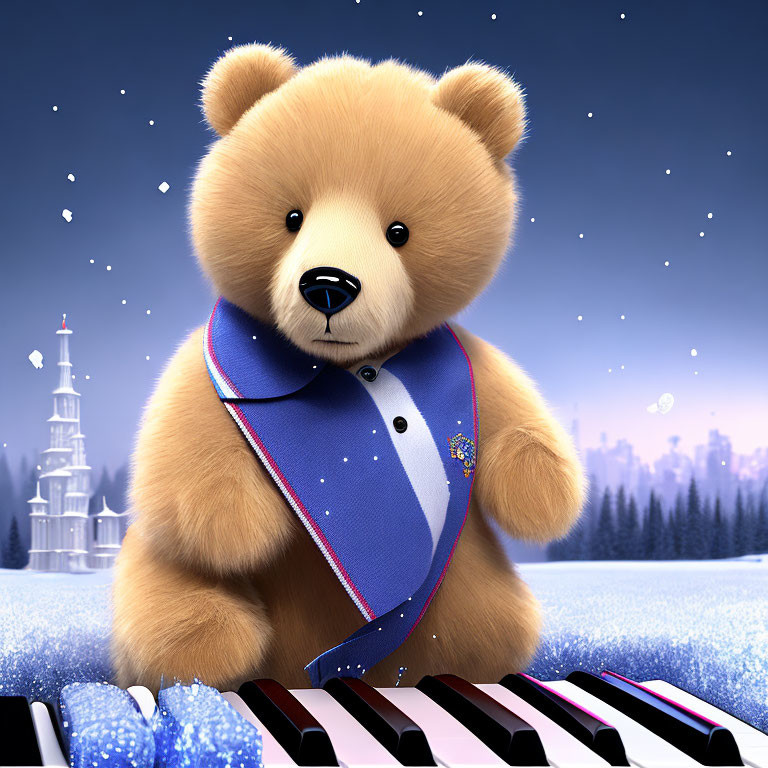 Whimsical teddy bear illustration with snowy piano and castle backdrop