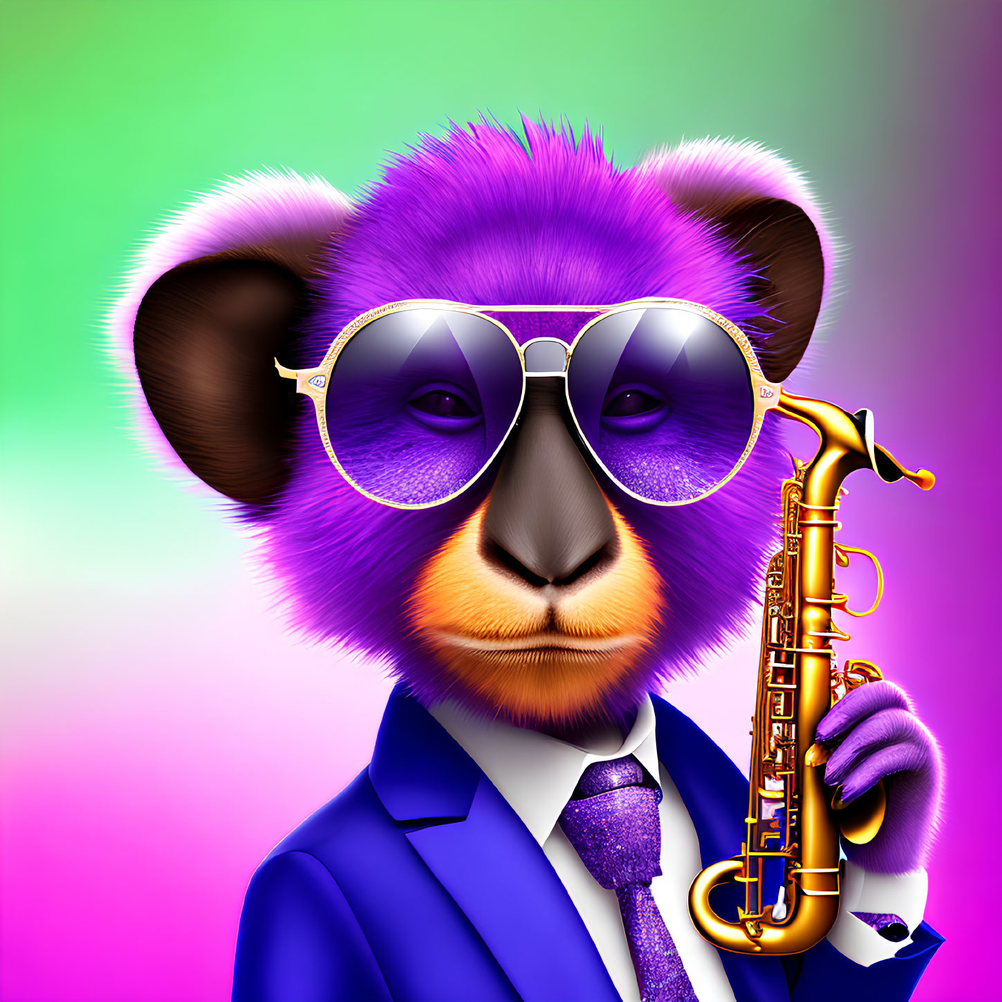 Illustration of monkey in blue suit with saxophone on vibrant background