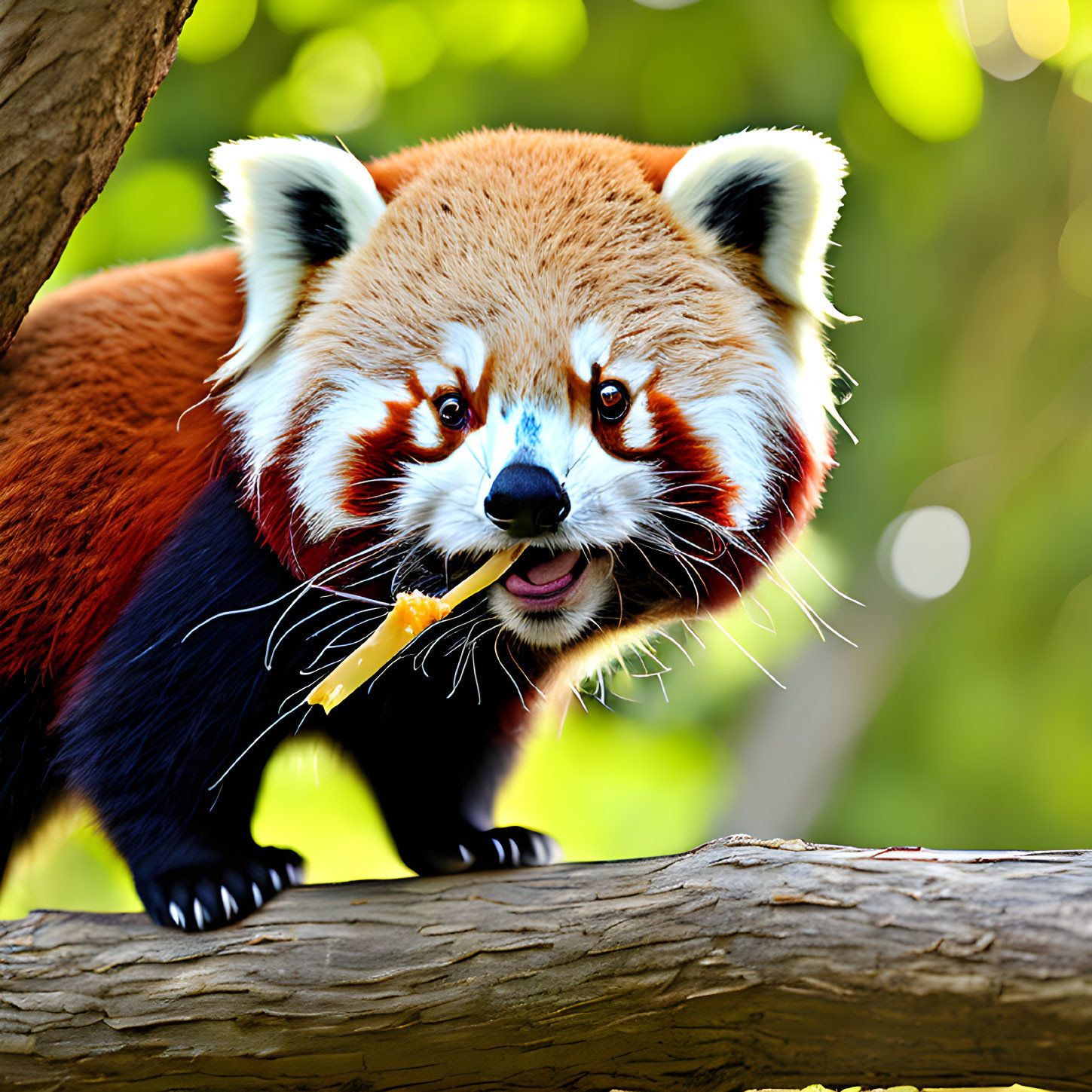 Auburn Red Panda Eating on Tree Limb in Green Background