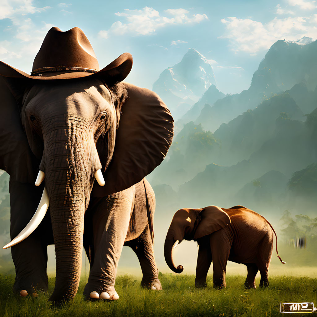 Digital artwork of elephant in cowboy hat with mountain background