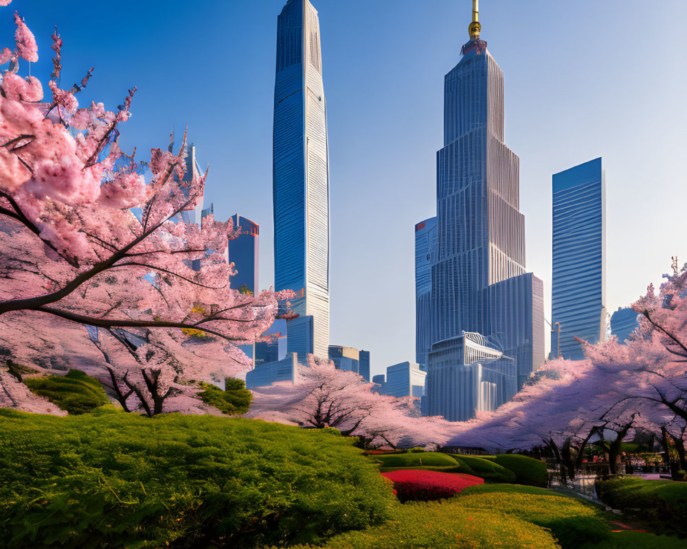 Cherry Blossoms in Bloom with Modern Skyscrapers and Blue Sky