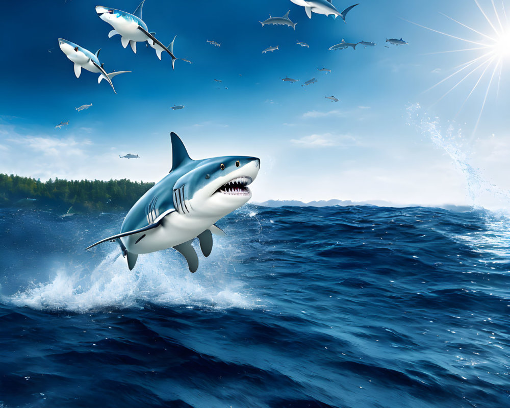 Giant Shark Jumping from Ocean Waves with Flying Fish in Sunny Sky