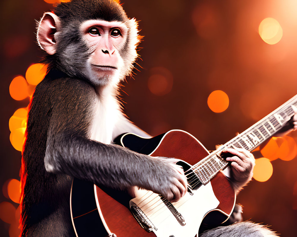 Macaque monkey playing acoustic guitar against warm bokeh background