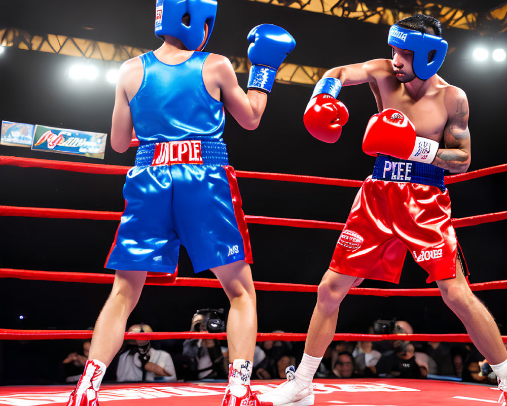 Two boxers in red and blue gear with headgear and gloves in a well-lit arena.