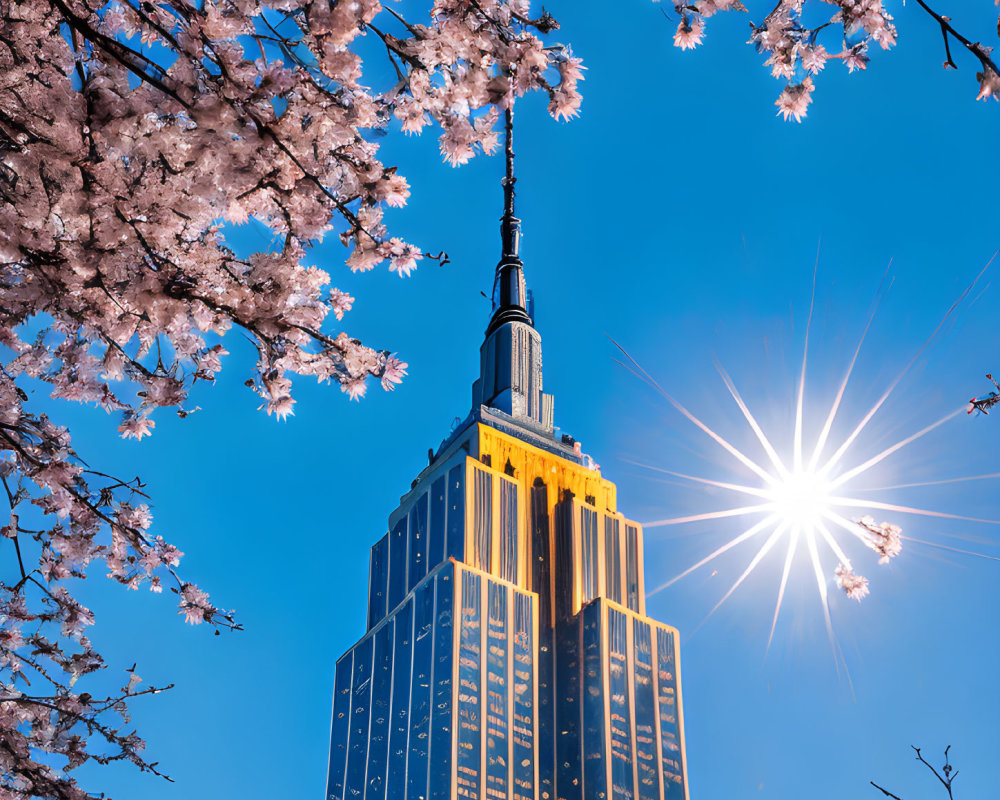 Sunburst over Empire State Building with pink cherry blossoms and blue sky