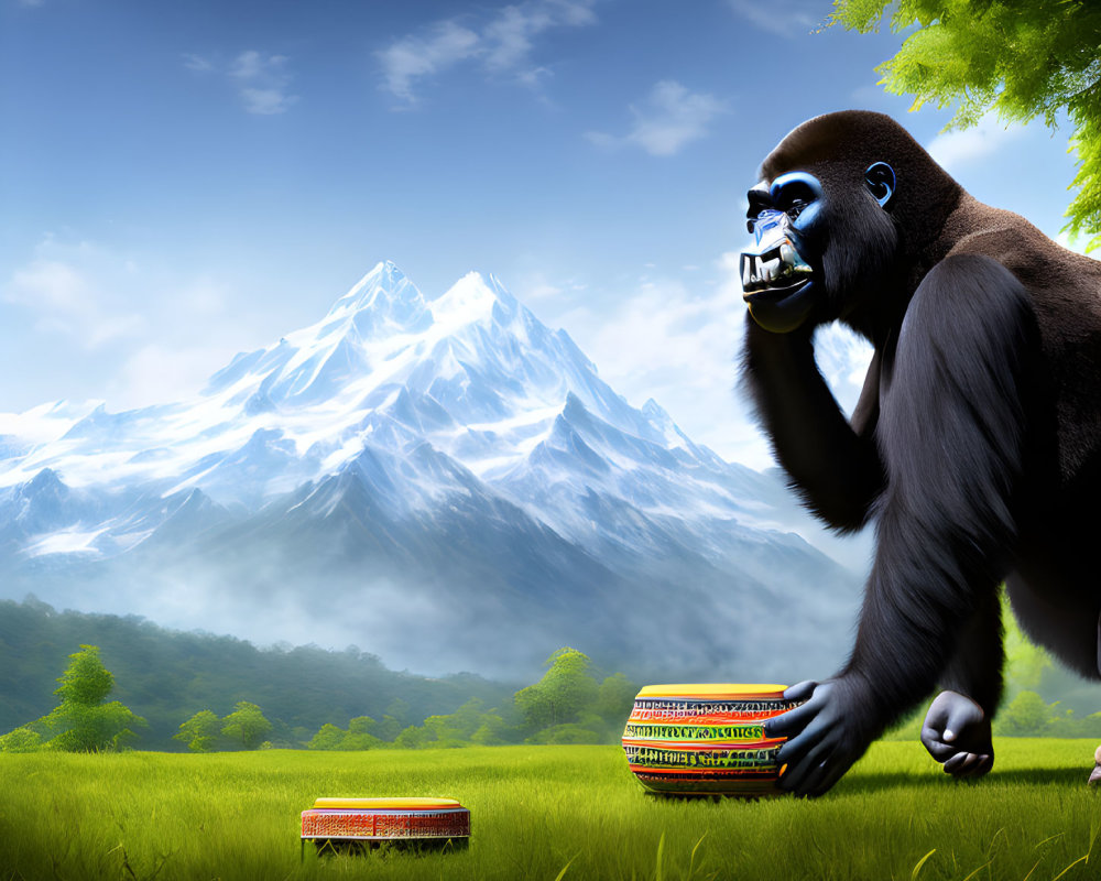 Gorilla in green field with mountains, holding banana and drums