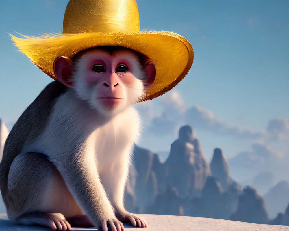 White and Grey Animated Monkey with Golden Hat on Ledge against Blue Sky