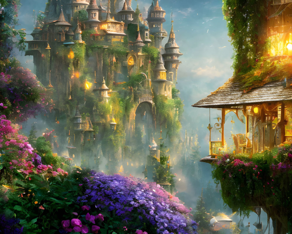 Sunlit fantasy castle surrounded by lush greenery and purple flowers.