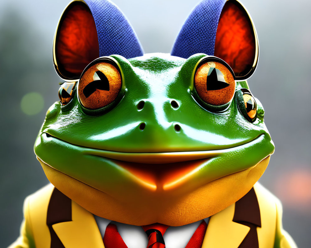 Anthropomorphic frog in yellow suit and headphones with red tie