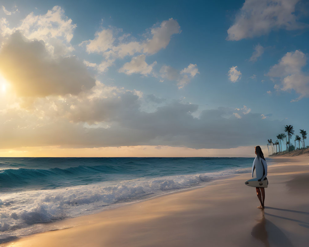 Surfer with surfboard on sandy beach at sunset