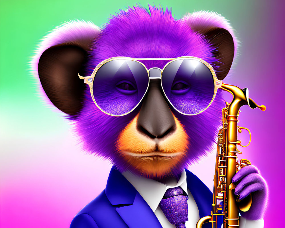 Illustration of monkey in blue suit with saxophone on vibrant background