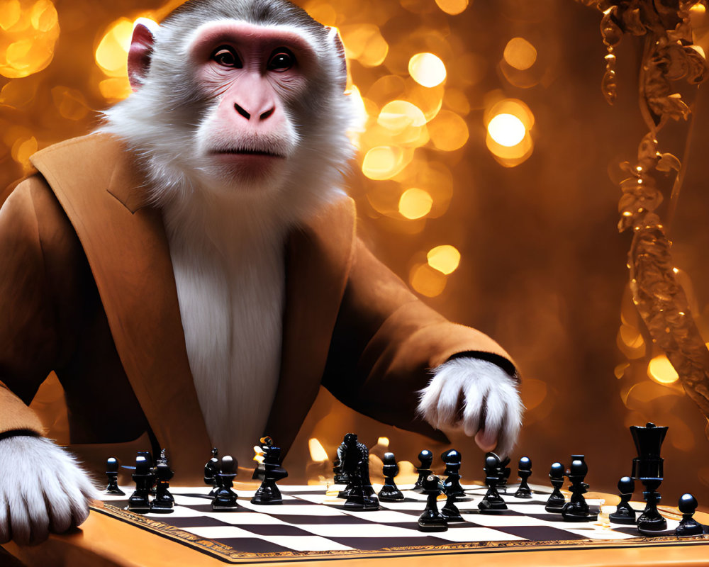 Monkey in Suit Playing Chess Against Bokeh Light Background