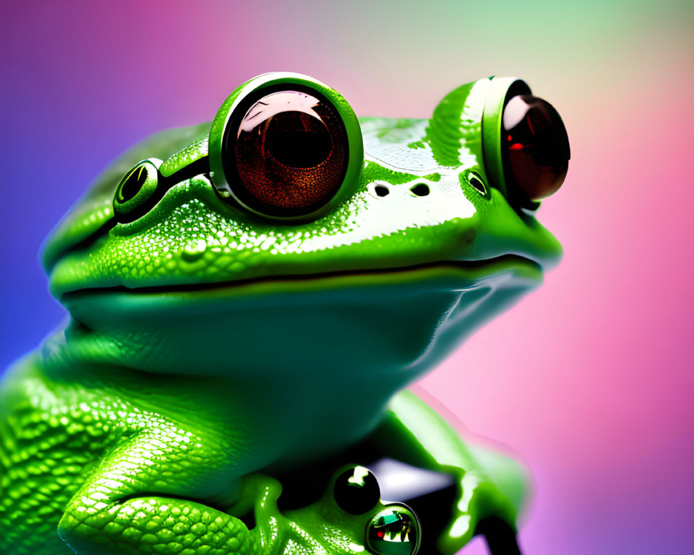 Green frog with bulbous eyes on vibrant multicolored backdrop