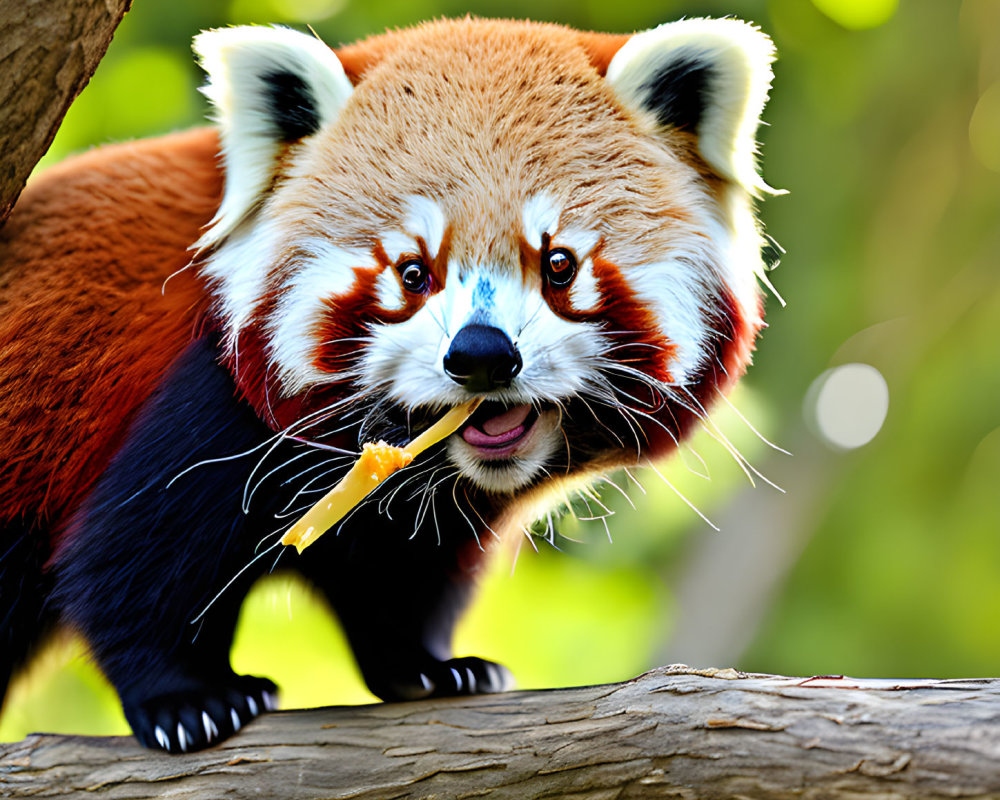 Auburn Red Panda Eating on Tree Limb in Green Background