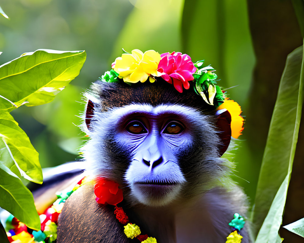 Colorful Monkey with Flower Garlands Peeking from Green Leaves