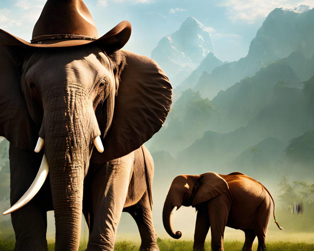 Digital artwork of elephant in cowboy hat with mountain background