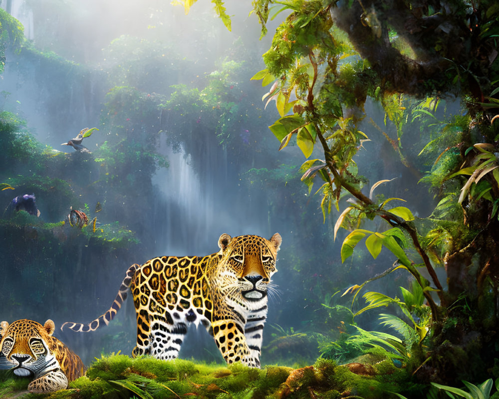 Jaguars in lush jungle with waterfall and sunlight