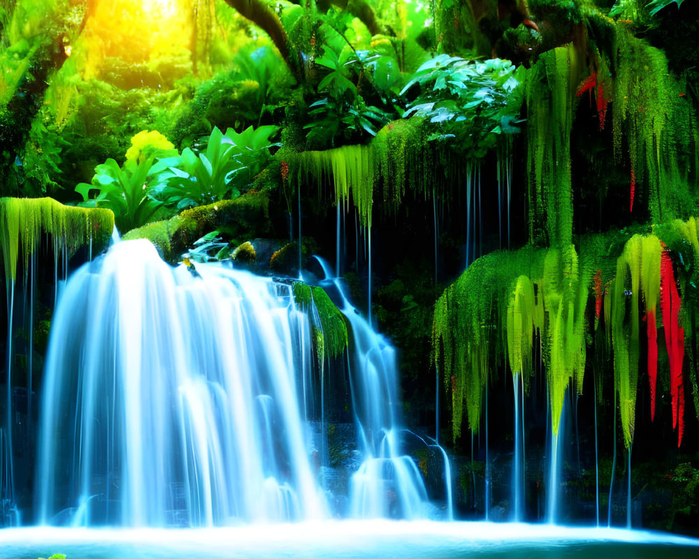 Lush Jungle Waterfall with Sunbeams and Moss-Covered Rocks