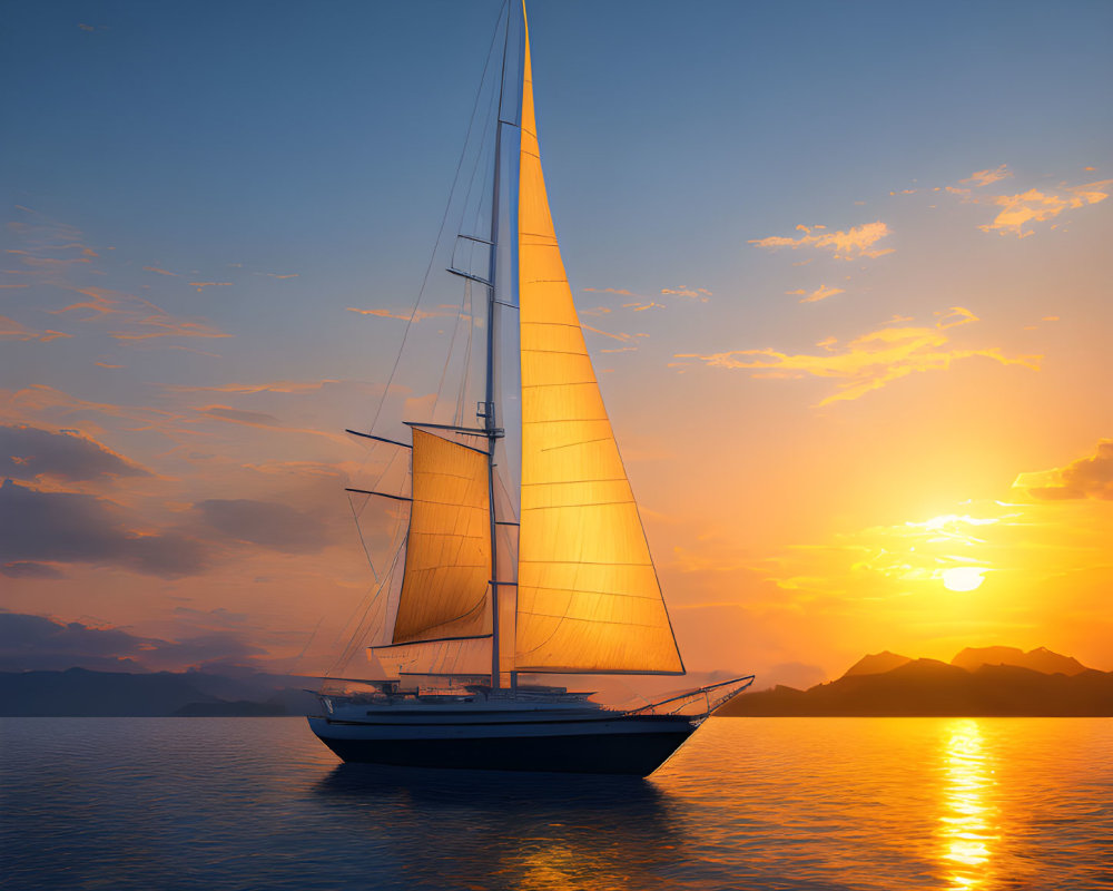 Sailboat on calm waters at sunset with golden sunlight reflecting on water.