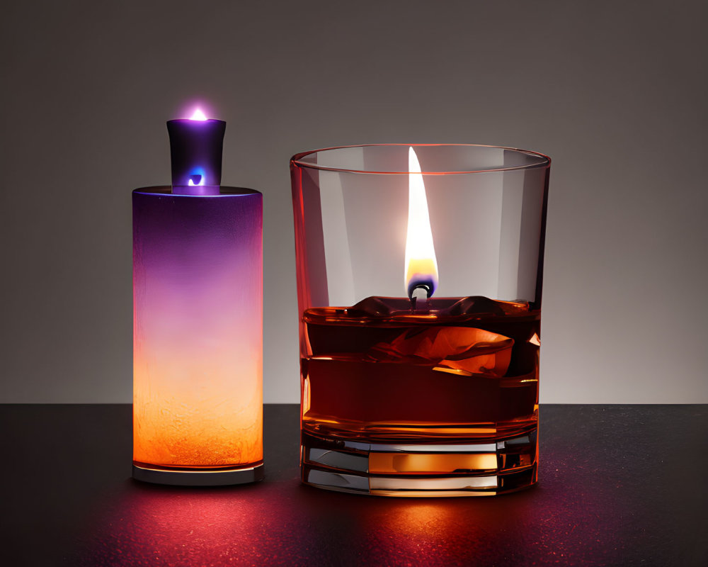 Lit candle and lighter in whiskey glass on textured surface.