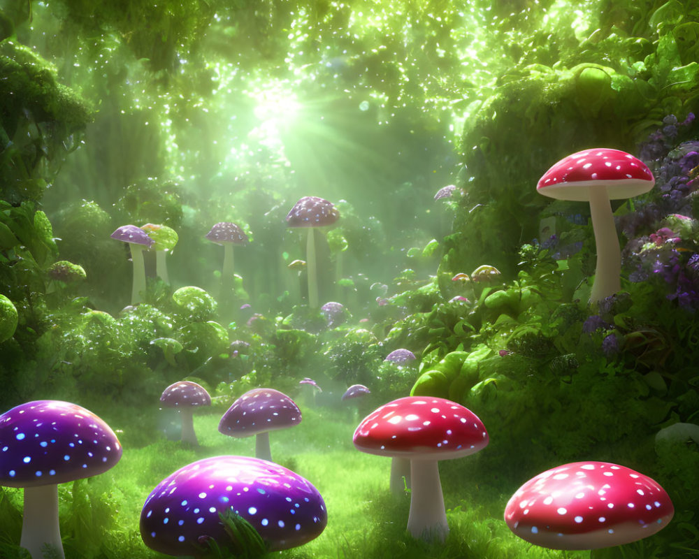 Sunlit enchanted forest glade with oversized colorful mushrooms and magical glow.