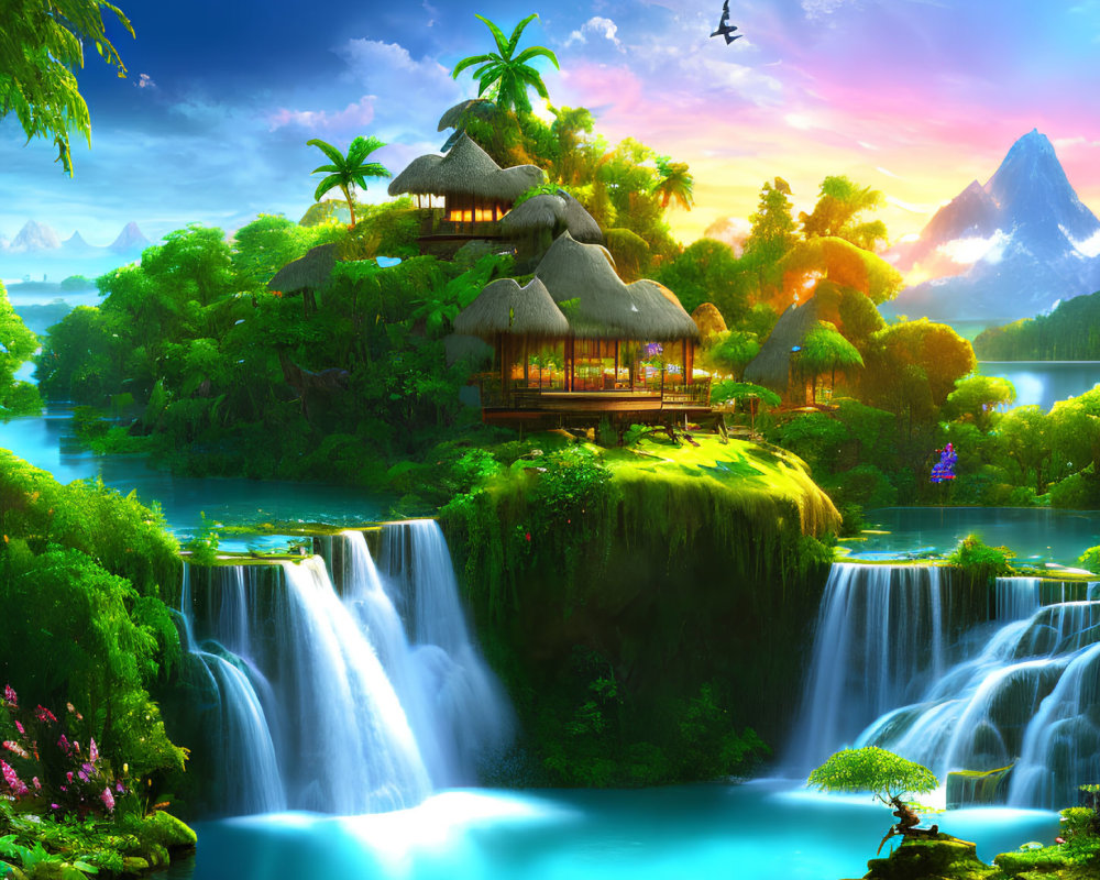 Tropical landscape with thatched huts, waterfalls, and blue lagoon