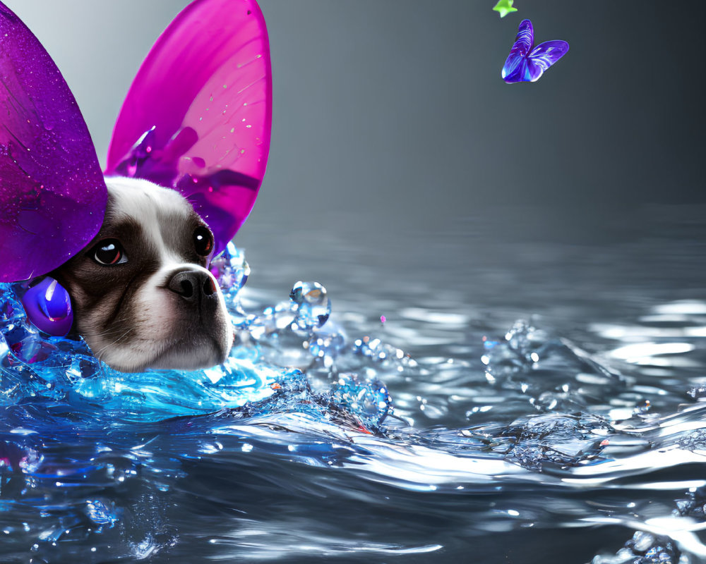 Digitally altered image of a dog in pink swim cap underwater with butterfly.