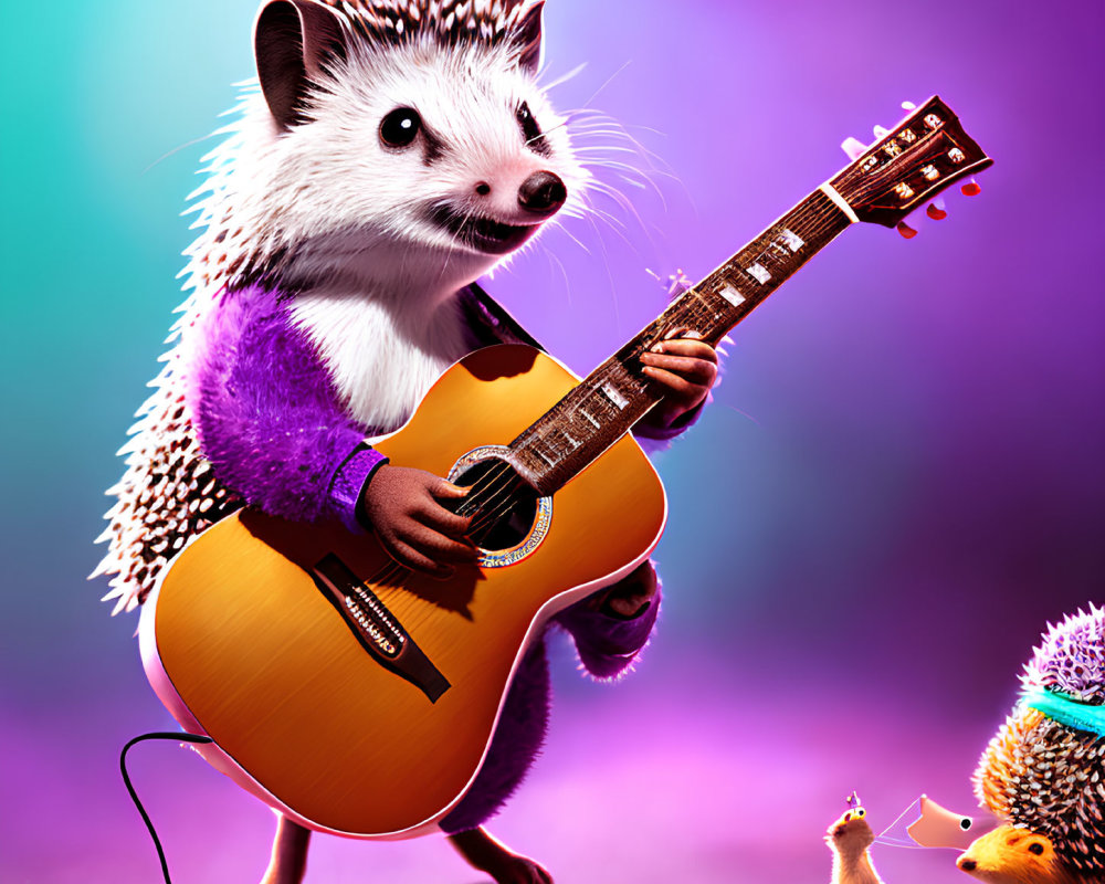 Anthropomorphic hedgehog playing guitar on purple-lit stage with tiny fans