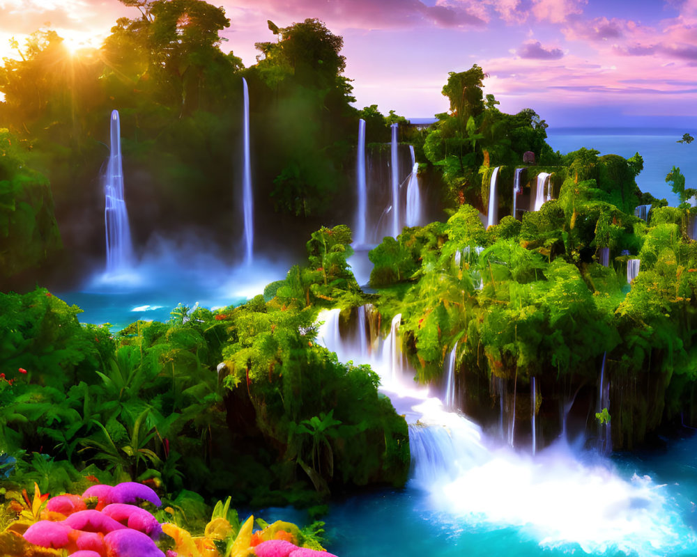 Tropical Waterfall Scene with Pink Flowers and Sunset Sky