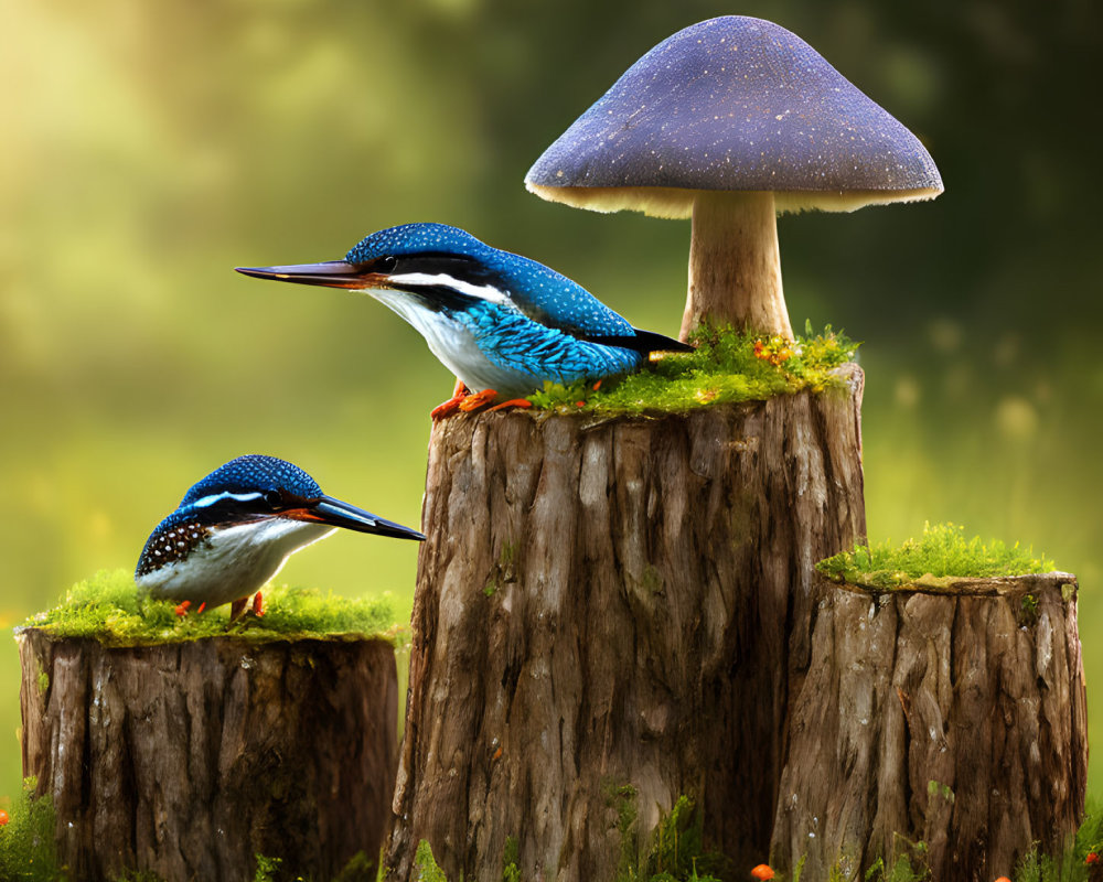 Kingfishers on tree stumps with mushroom, moss, and orange flowers